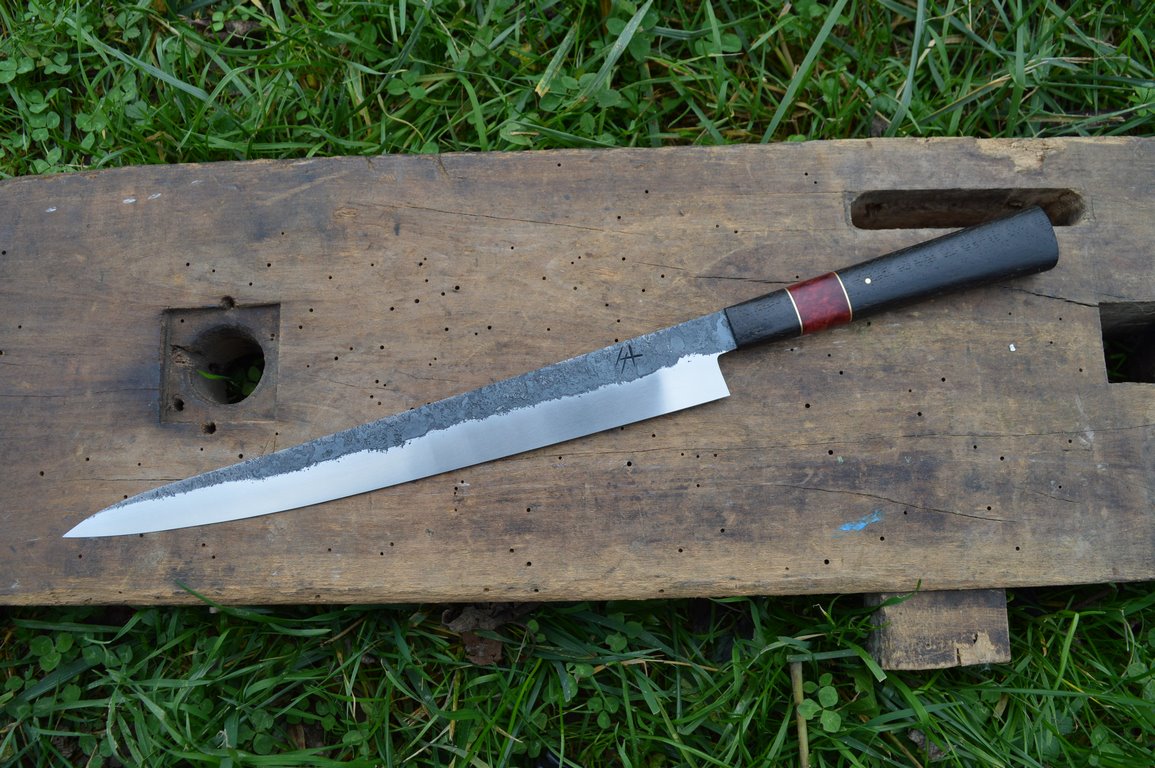 Cuisine #868, Sujihiki 135Cr3, chêne des marais, bouleau madré stabilisé & laiton, 325mm