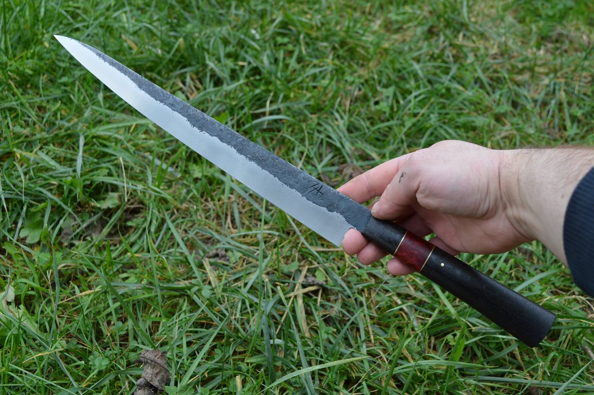 Cuisine #868, Sujihiki 135Cr3, chêne des marais, bouleau madré stabilisé & laiton, 325mm – Image 3